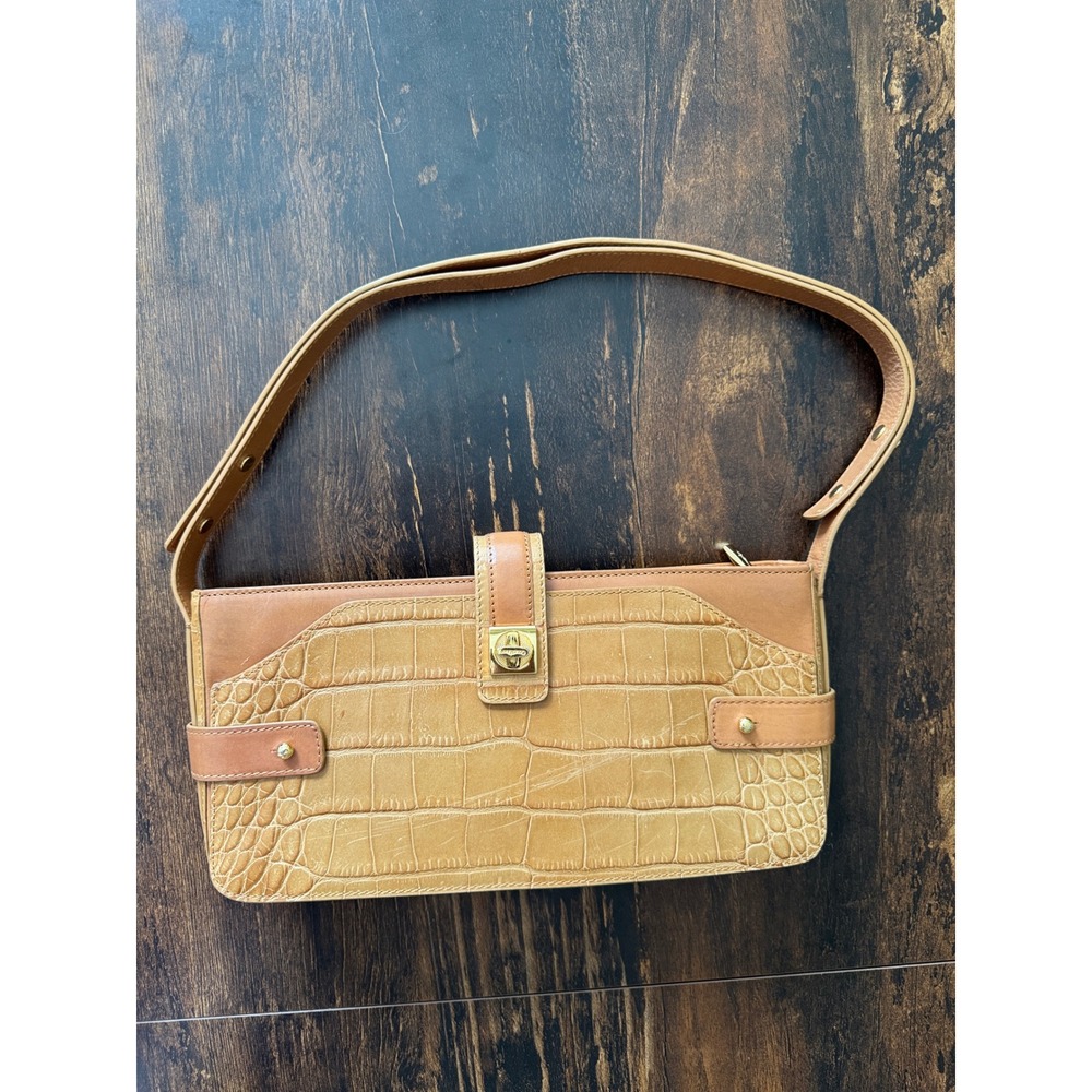 Cole Haan Tan Croc Embossed Leather Baguette Shoulder Bag Gold Hardware